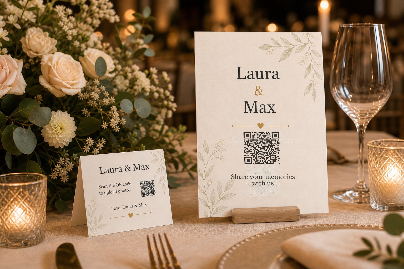 QR table sign in a wooden stand and a small folded tent card on a wedding table