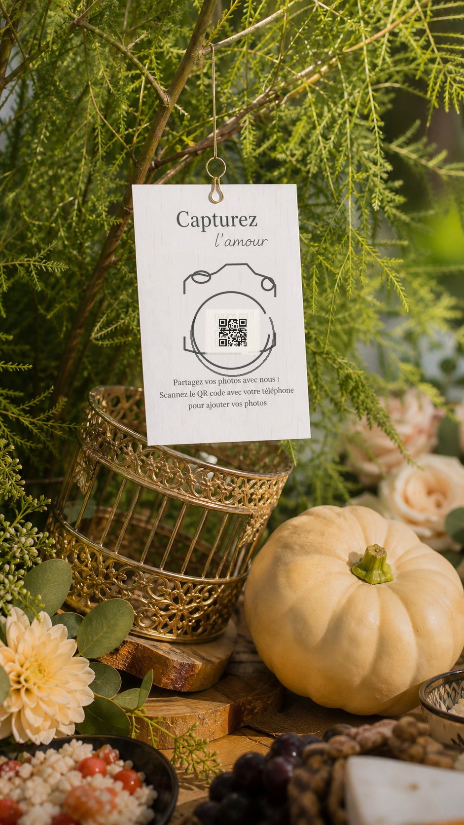 Carte QR code Forever Memories suspendue dans une décoration de mariage végétale