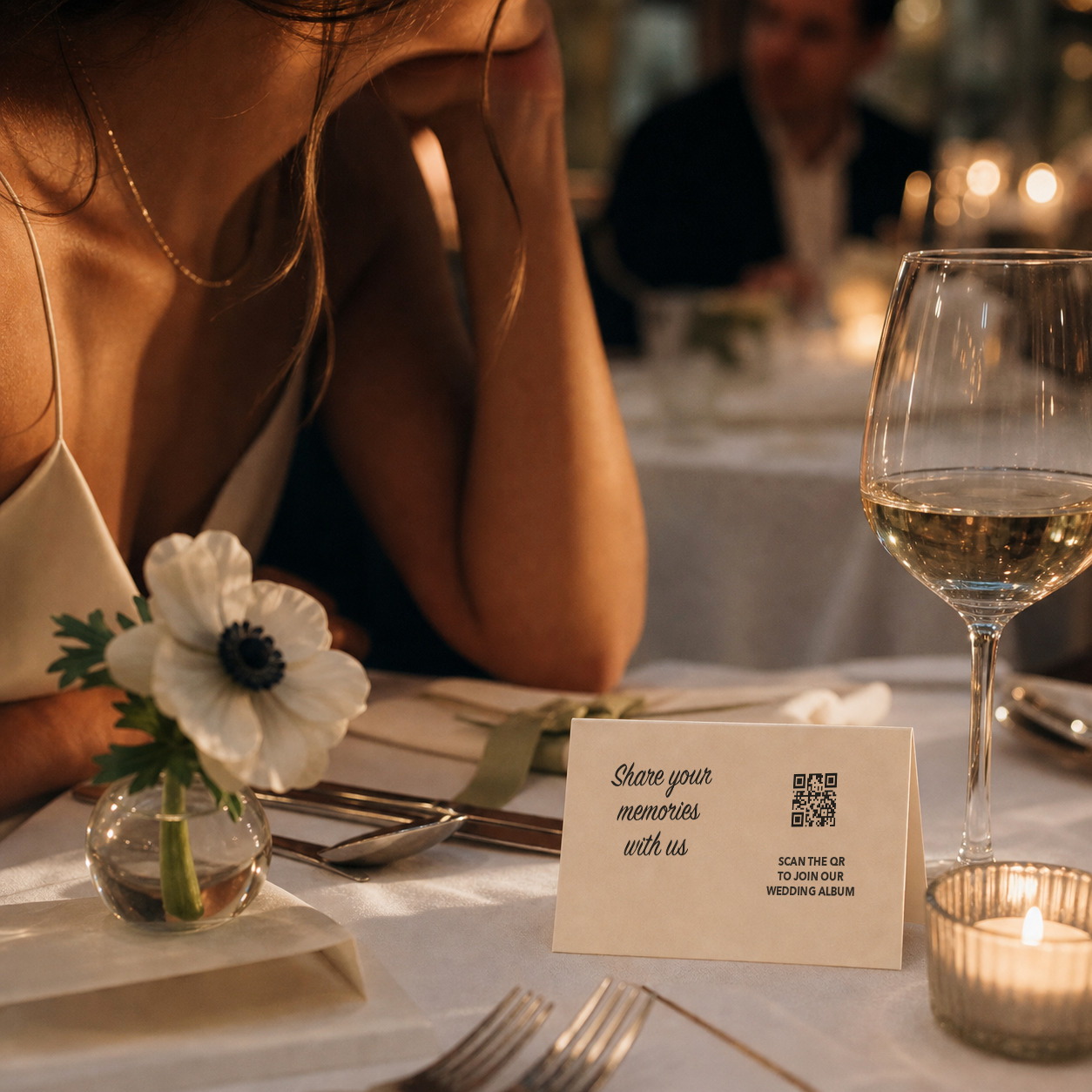 Small Forever Memories QR code sign on a wedding table