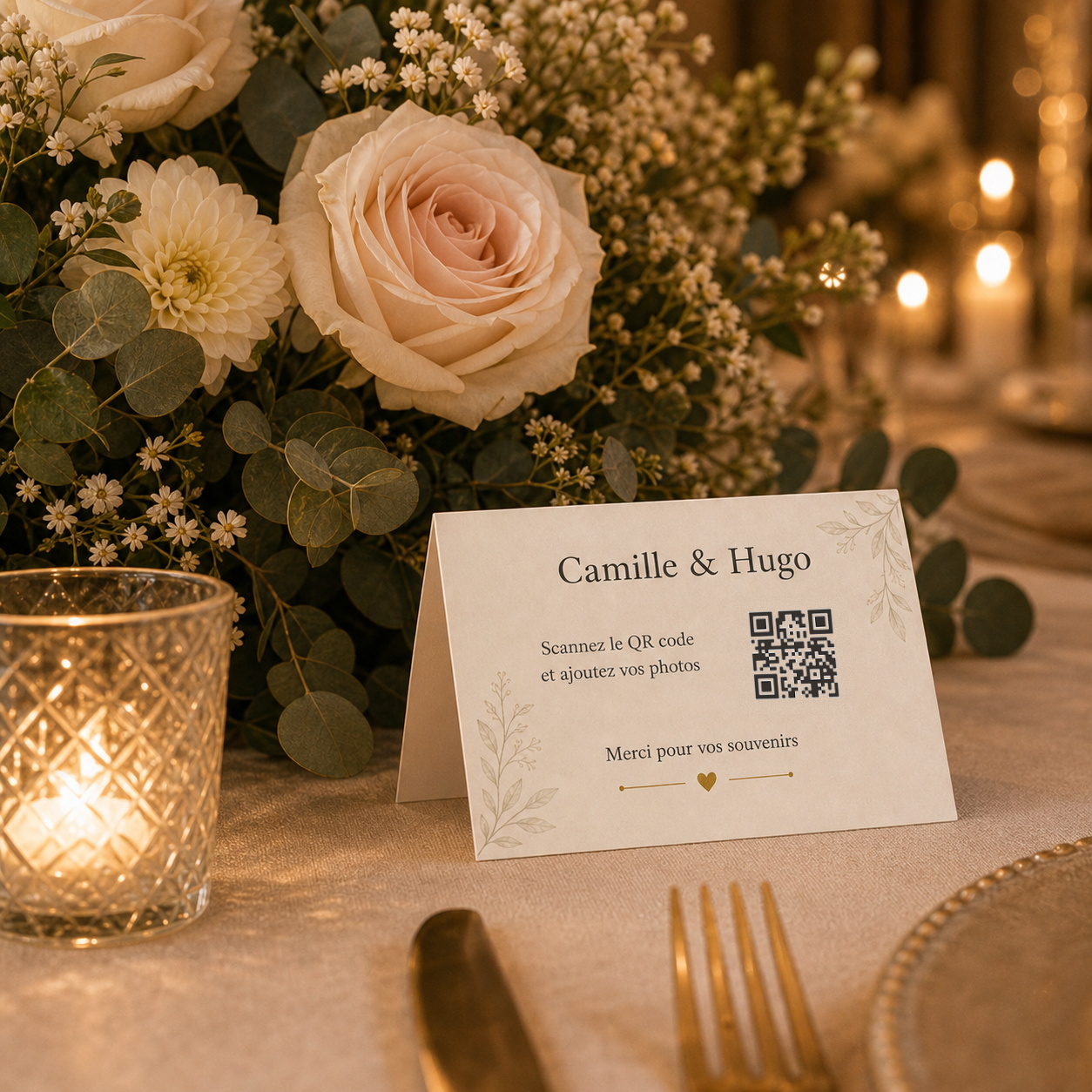 Petit chevalet QR code Forever Memories posé sur une table de mariage