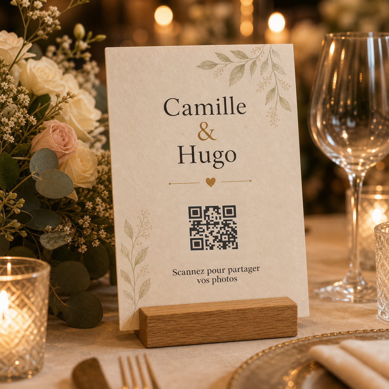 Support QR code Forever Memories posé sur une table de mariage élégante