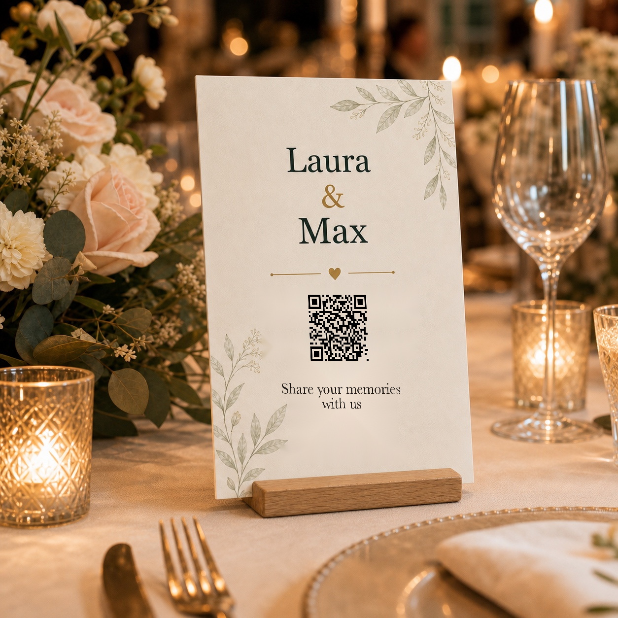 Forever Memories QR code table sign on an elegant wedding table