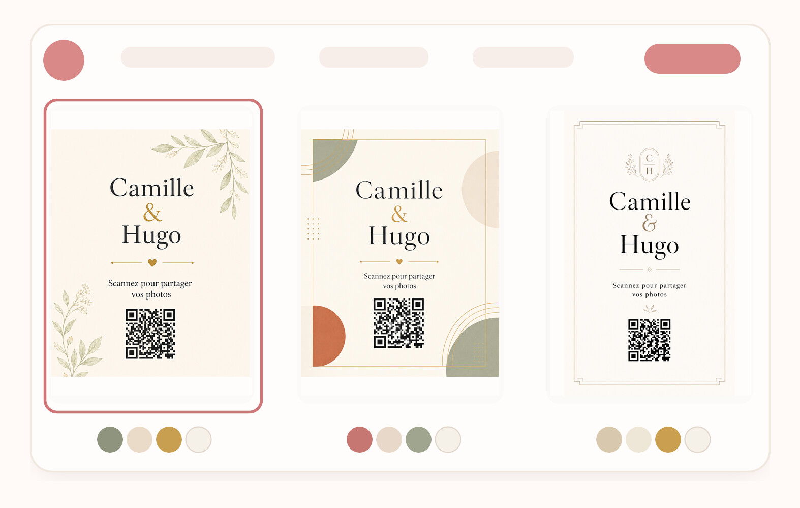Interface for choosing between several wedding QR sign designs