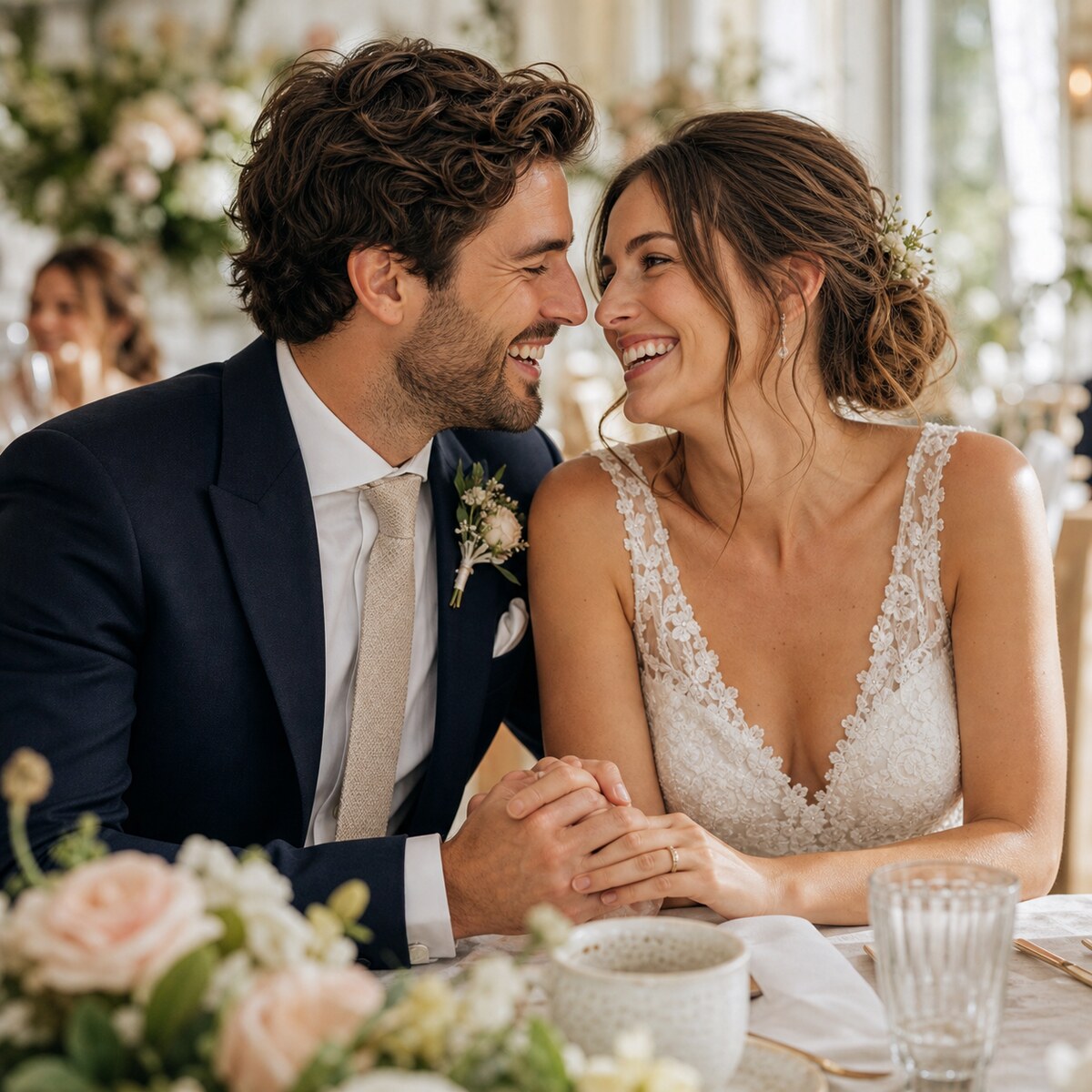 Couple de mariés heureux au brunch de mariage, sans téléphone