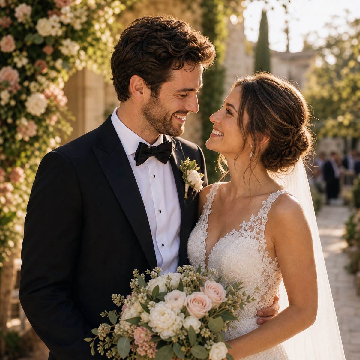 Couple de mariés posant avec émotion dans un décor de mariage