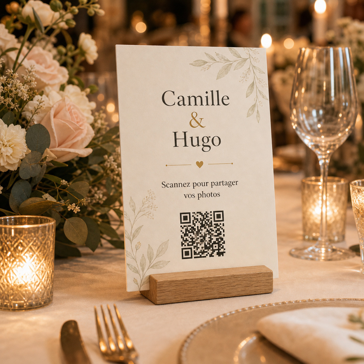 Support QR code Forever Memories posé sur une table de mariage élégante