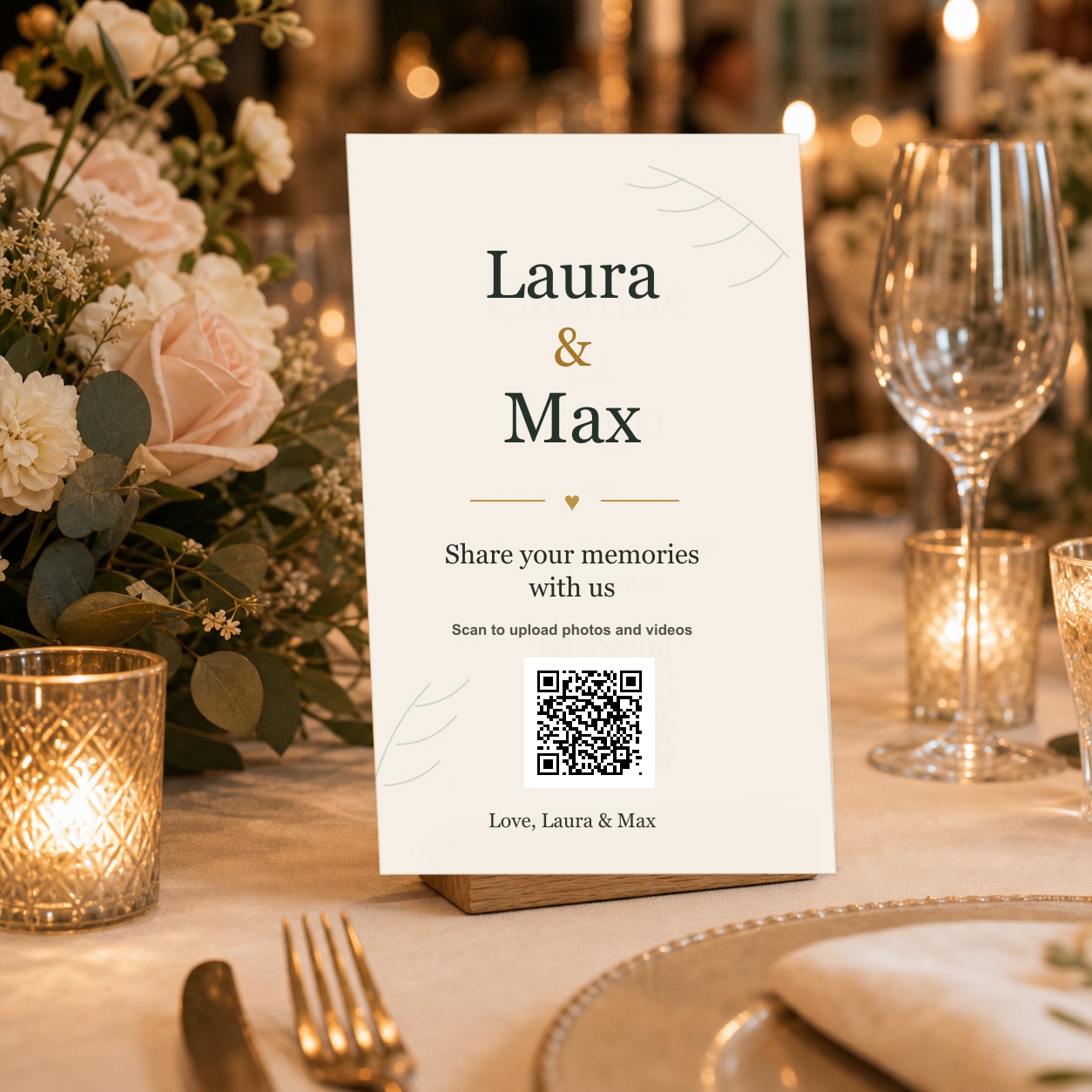 Forever Memories QR code table sign on an elegant wedding table